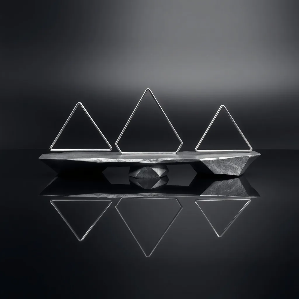 Abstract silver geometric shapes balancing on a dark reflect